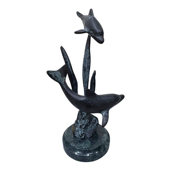 Vintage SPI Bronze Dolphin Sculpture On Marble By San Pacific Intl Coastal Beach - Picture 7 of 8